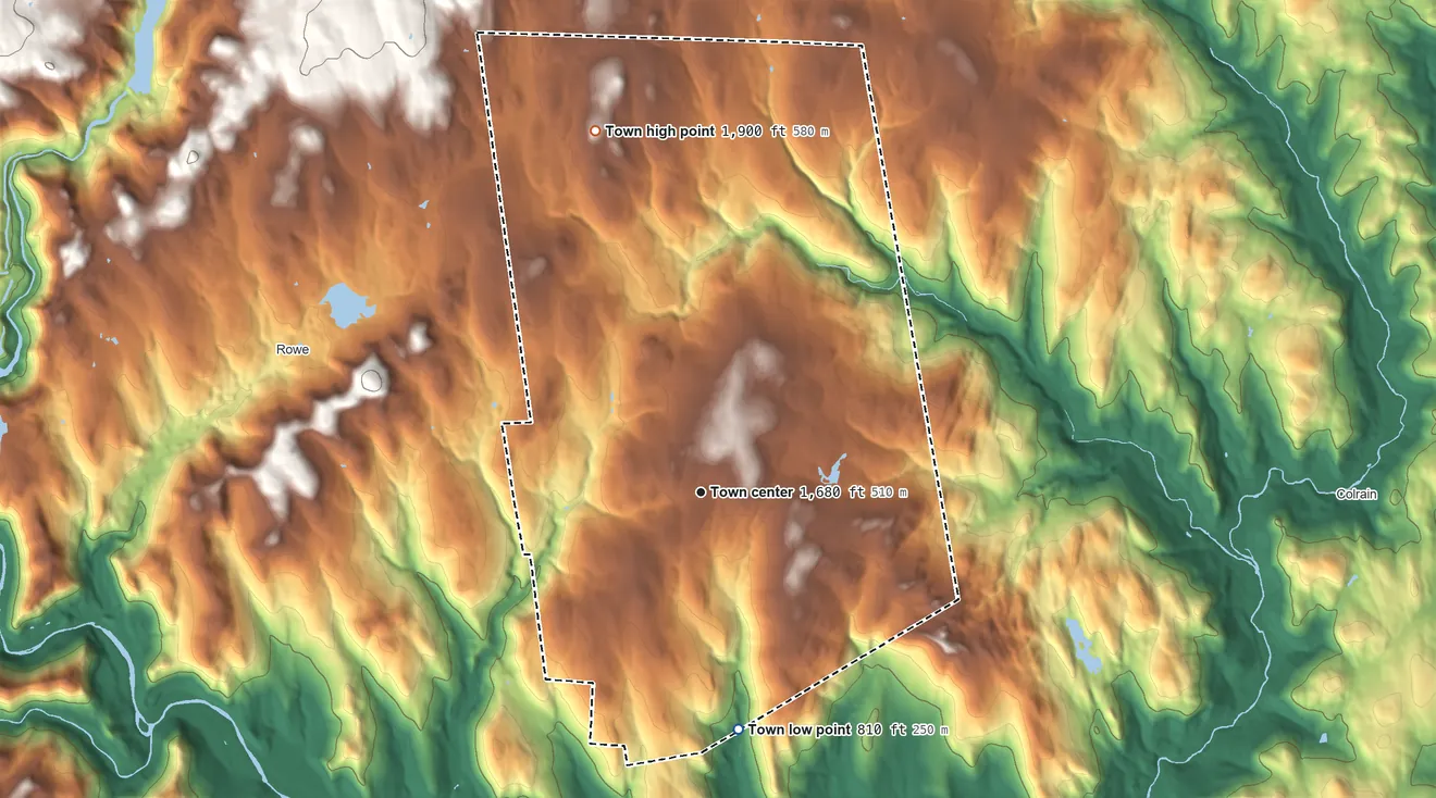 Topographic elevation map of Heath, Massachusetts, shaded from 810 ft on the south side to 1,900 ft on the north side