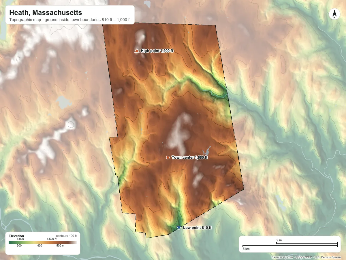 Topographic elevation map of Heath, Massachusetts, shaded from 810 ft on the south side to 1,900 ft on the north side
