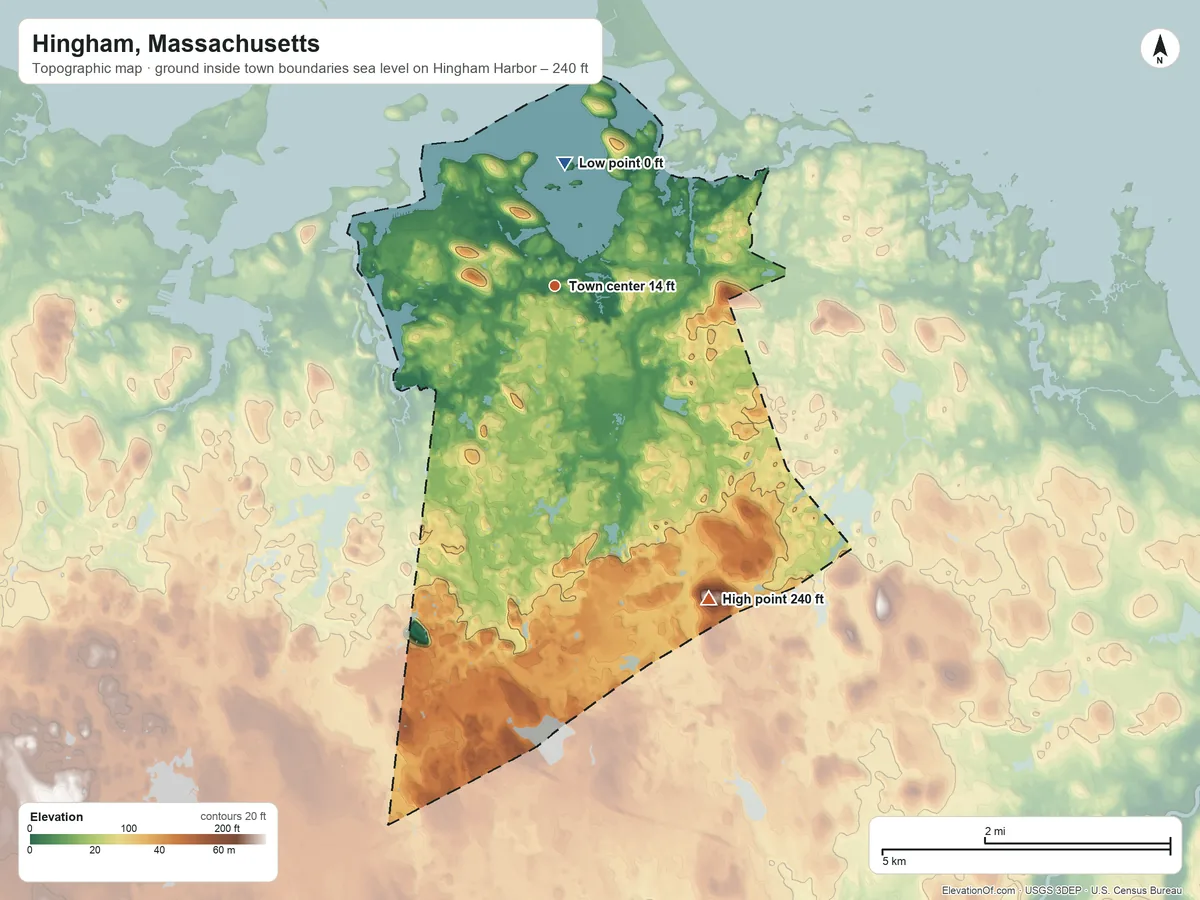 Topographic elevation map of Hingham, Massachusetts, shaded from sea level level on Hingham Harbor to 240 ft on Prospect Hill