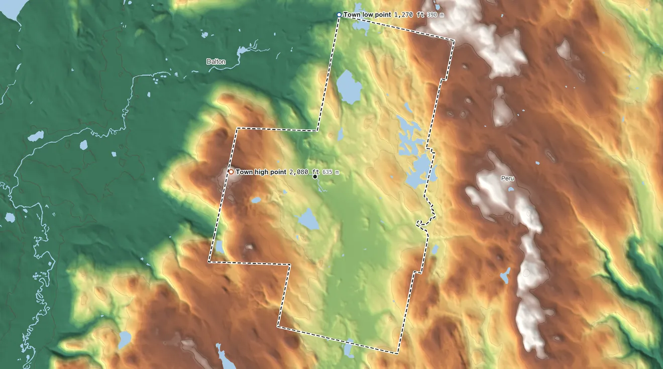 Topographic elevation map of Hinsdale, Massachusetts, shaded from 1,270 ft on the north side to 2,084 ft on Tully Mountain