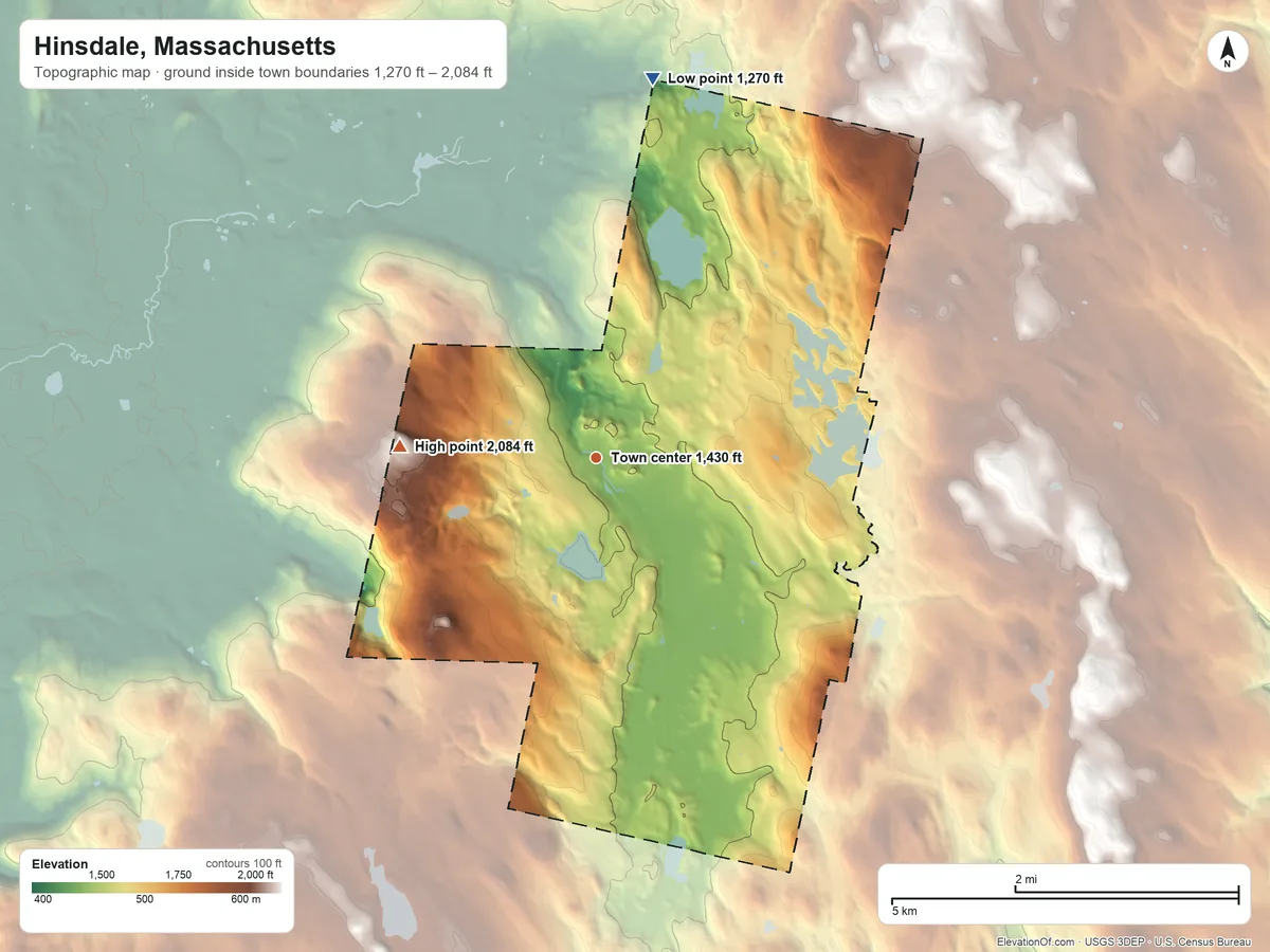 Topographic elevation map of Hinsdale, Massachusetts, shaded from 1,270 ft on the north side to 2,084 ft on Tully Mountain
