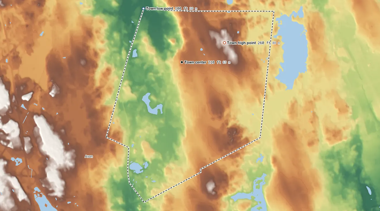 Topographic elevation map of Holbrook, Massachusetts, shaded from 100 ft on the northwest side to 260 ft on Turkey Hill