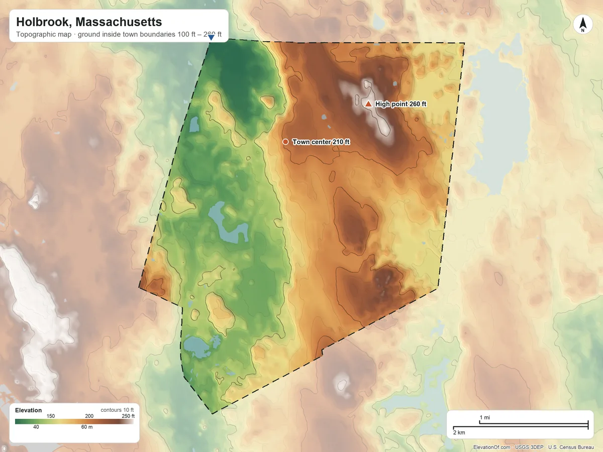 Topographic elevation map of Holbrook, Massachusetts, shaded from 100 ft on the northwest side to 260 ft on Turkey Hill