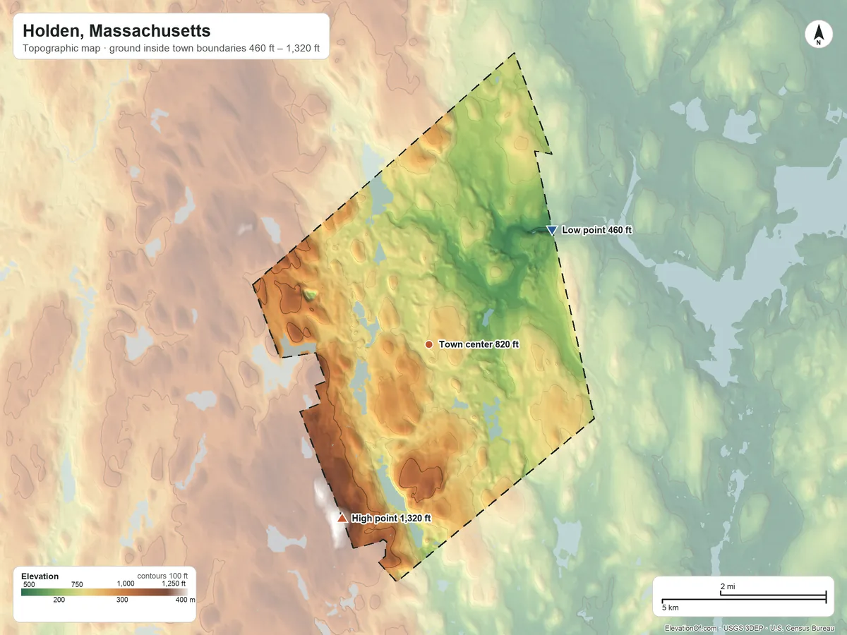 Topographic elevation map of Holden, Massachusetts, shaded from 460 ft on the northeast side to 1,320 ft on the southwest side