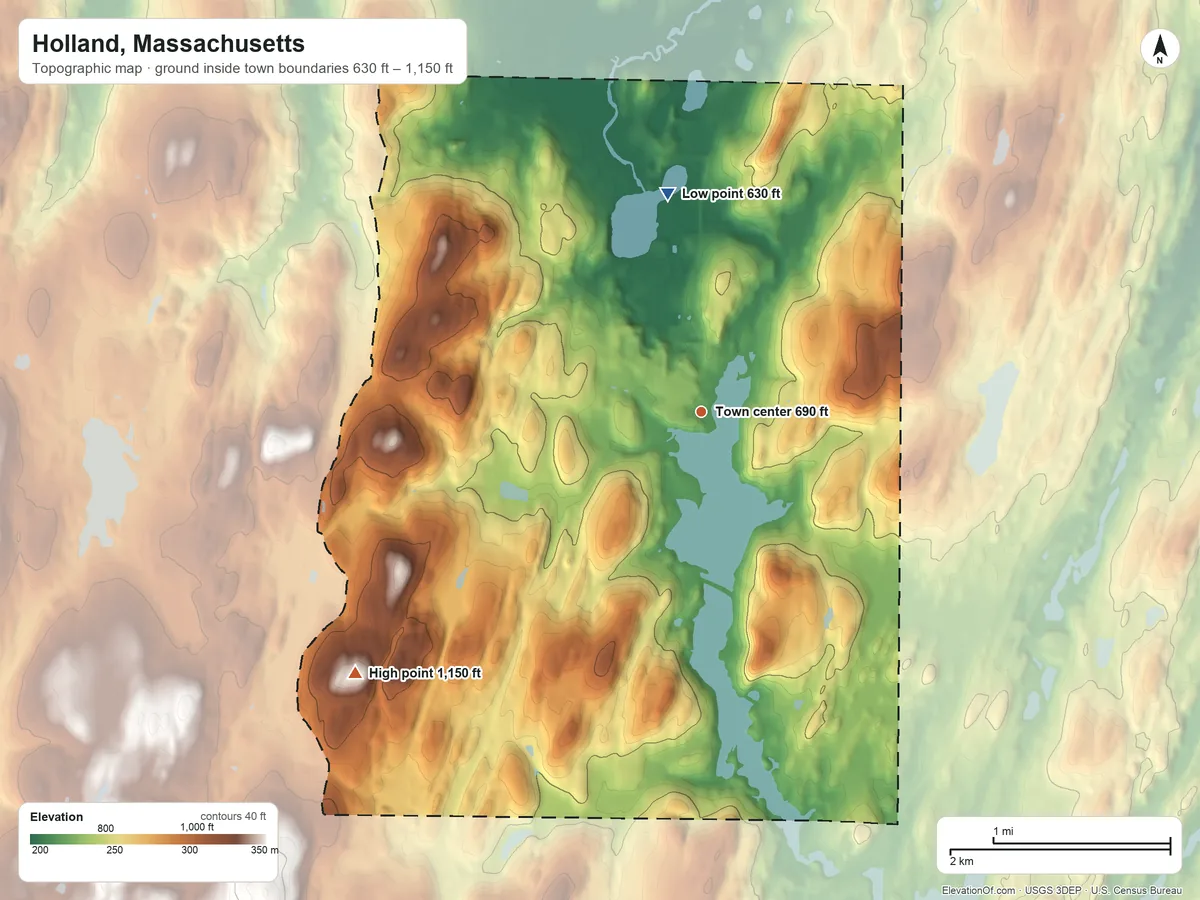 Topographic elevation map of Holland, Massachusetts, shaded from 630 ft on the north side to 1,150 ft on the southwest side