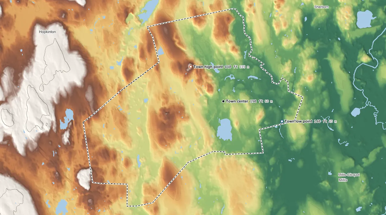 Topographic elevation map of Holliston, Massachusetts, shaded from 140 ft on the east side to 440 ft on Bald Hill