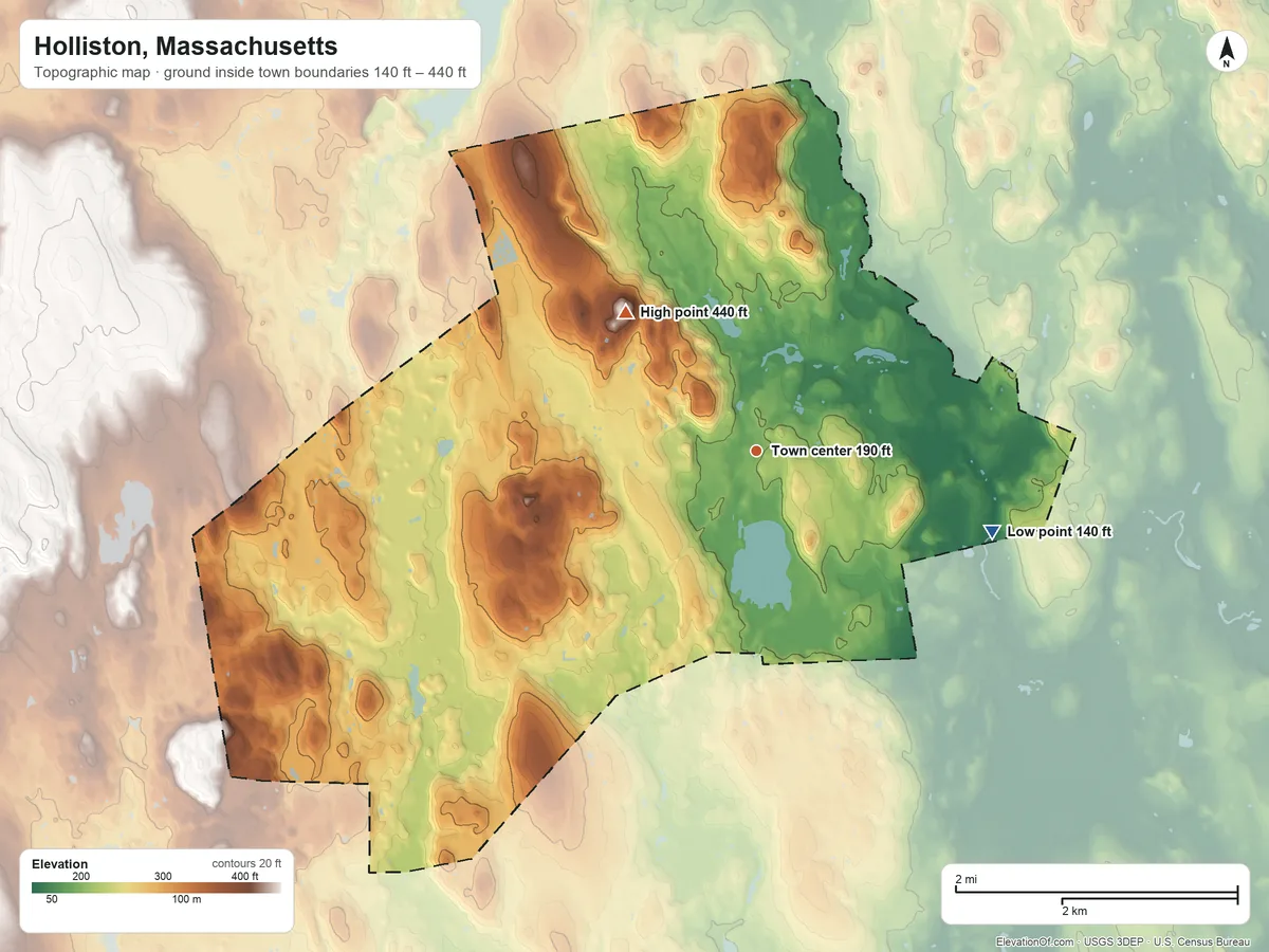 Topographic elevation map of Holliston, Massachusetts, shaded from 140 ft on the east side to 440 ft on Bald Hill