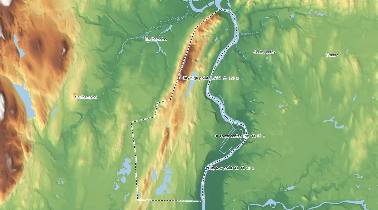 Topographic elevation map of Holyoke, Massachusetts, shaded from 41 ft on the south side to 1,200 ft on Mount Tom