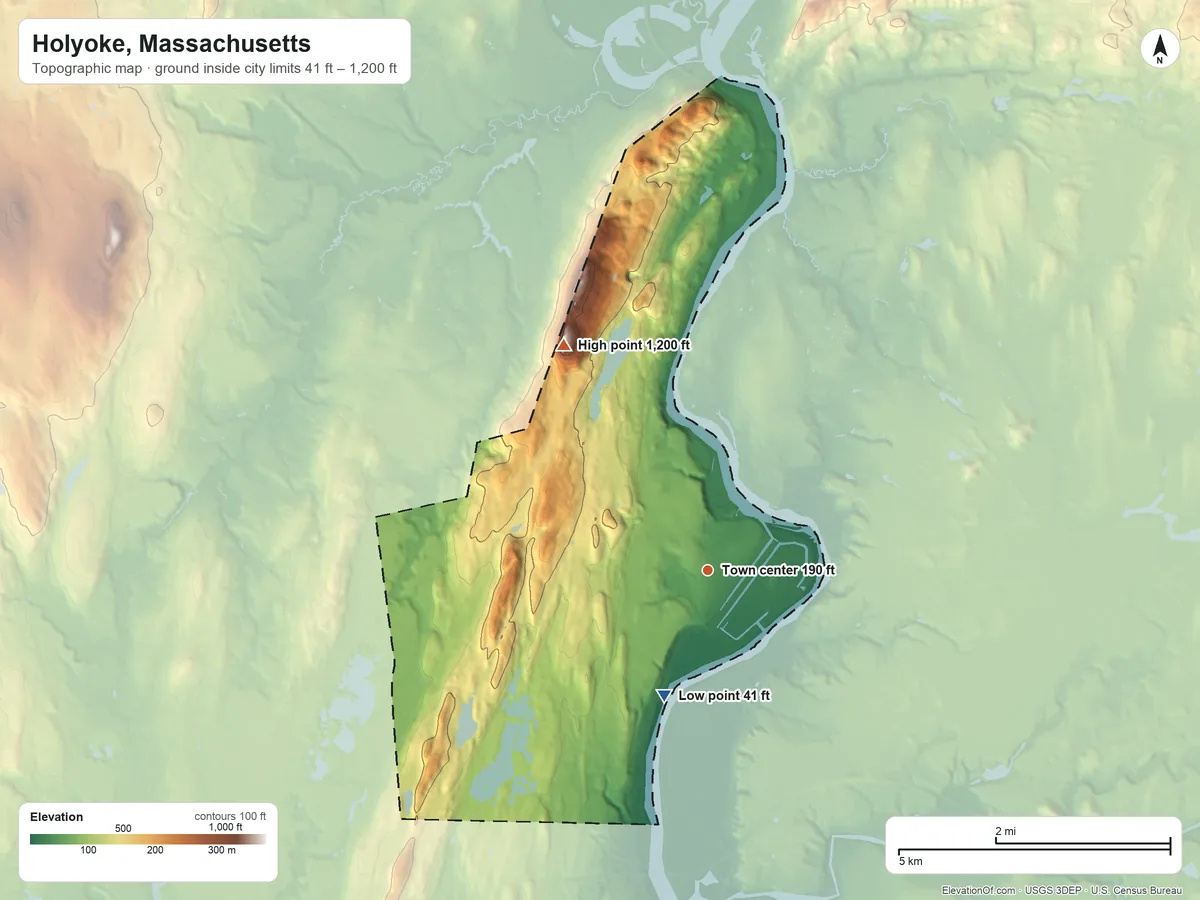Topographic elevation map of Holyoke, Massachusetts, shaded from 41 ft on the south side to 1,200 ft on Mount Tom