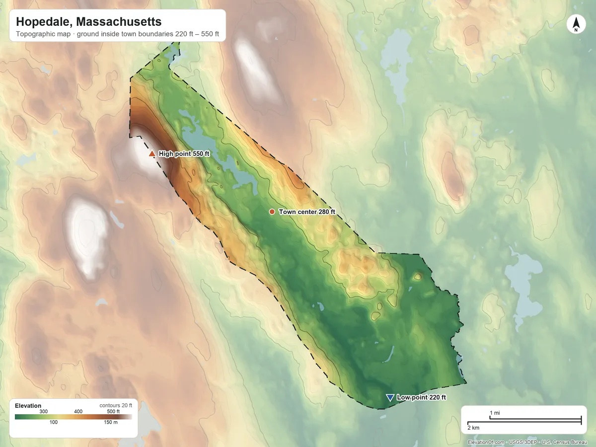 Topographic elevation map of Hopedale, Massachusetts, shaded from 220 ft on the southeast side to 550 ft on the northwest side
