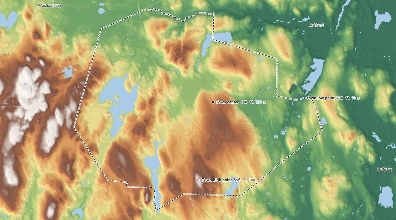 Topographic elevation map of Hopkinton, Massachusetts, shaded from 230 ft on the east side to 590 ft on the south side
