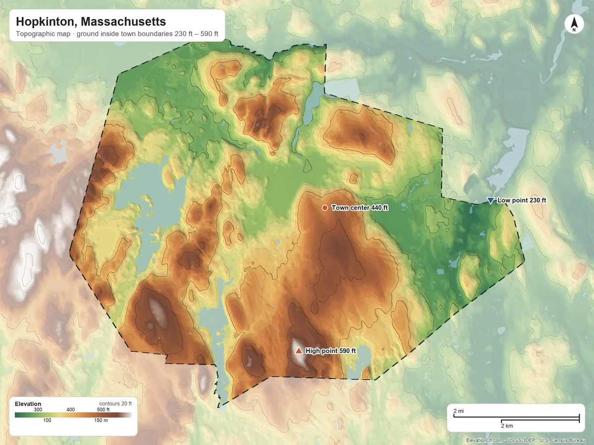 Topographic elevation map of Hopkinton, Massachusetts, shaded from 230 ft on the east side to 590 ft on the south side