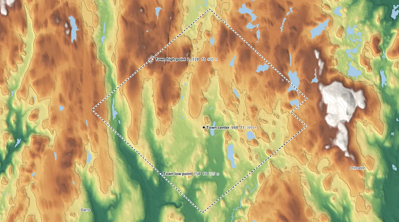 Topographic elevation map of Hubbardston, Massachusetts, shaded from 750 ft on the southwest side to 1,310 ft on Canesto Hill