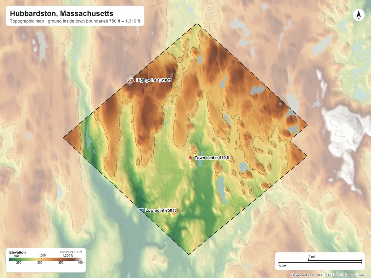 Topographic elevation map of Hubbardston, Massachusetts, shaded from 750 ft on the southwest side to 1,310 ft on Canesto Hill