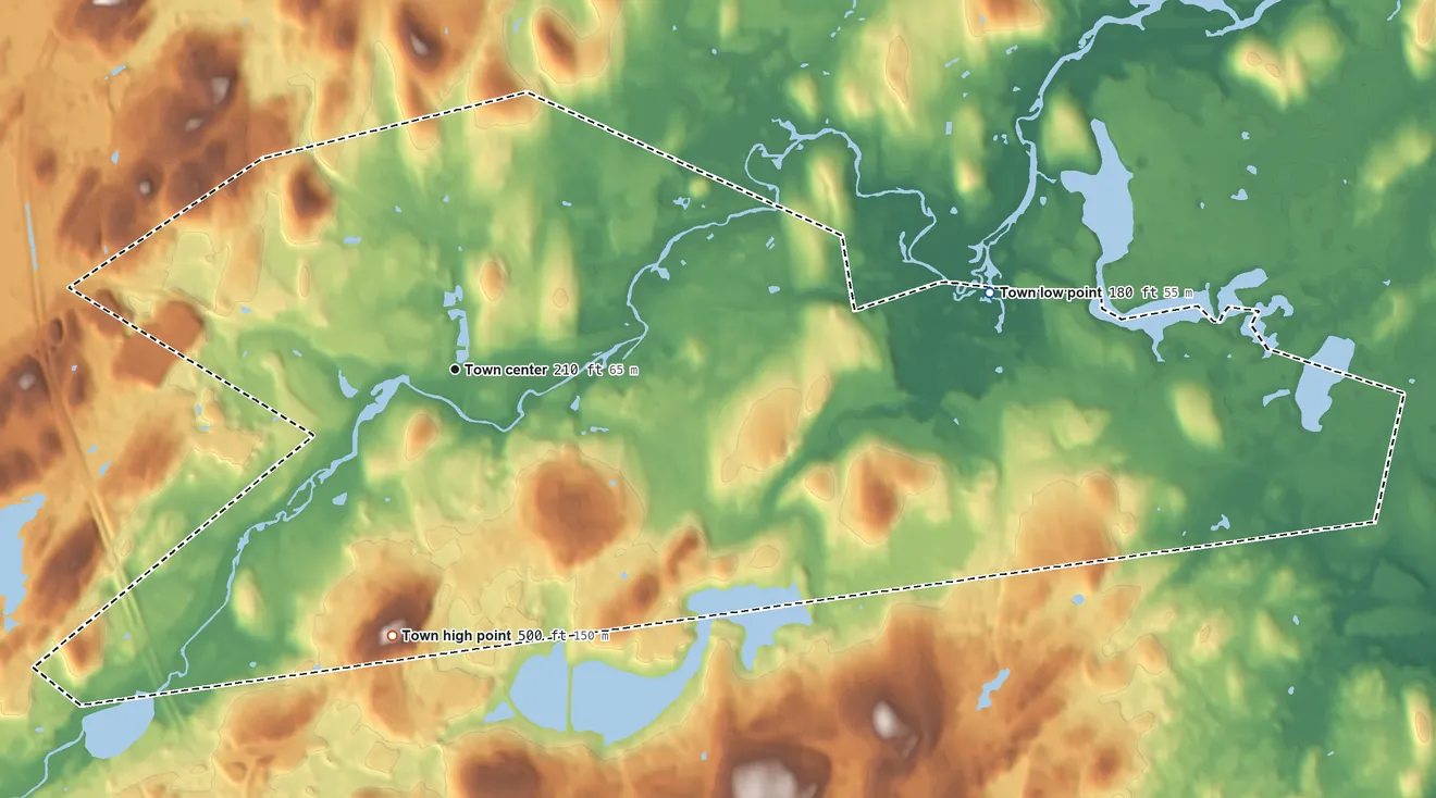 Topographic elevation map of Hudson, Massachusetts, shaded from 180 ft on the east side to 500 ft on the south side