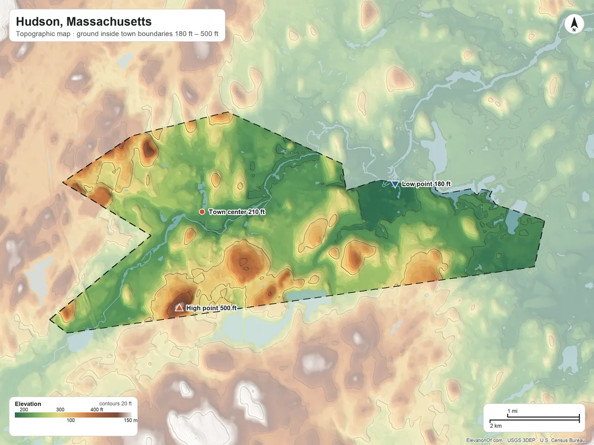 Topographic elevation map of Hudson, Massachusetts, shaded from 180 ft on the east side to 500 ft on the south side