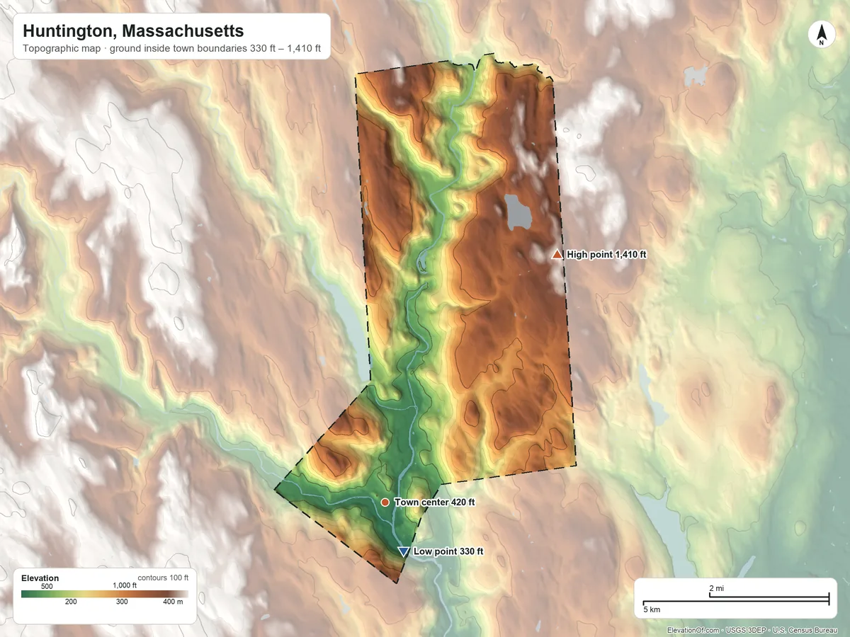 Topographic elevation map of Huntington, Massachusetts, shaded from 330 ft near the middle to 1,410 ft on the northeast side