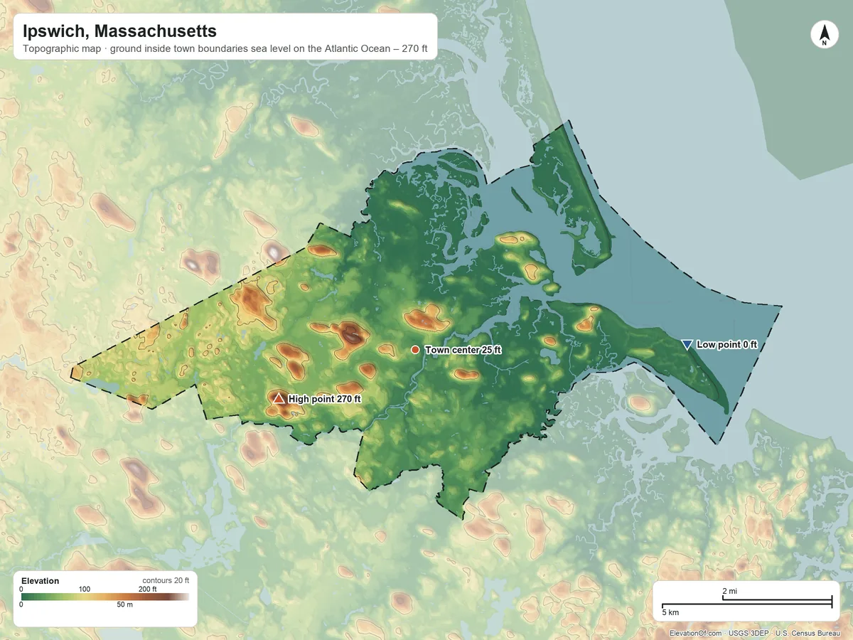 Topographic elevation map of Ipswich, Massachusetts, shaded from sea level level on the Atlantic Ocean to 270 ft on Turner Hill