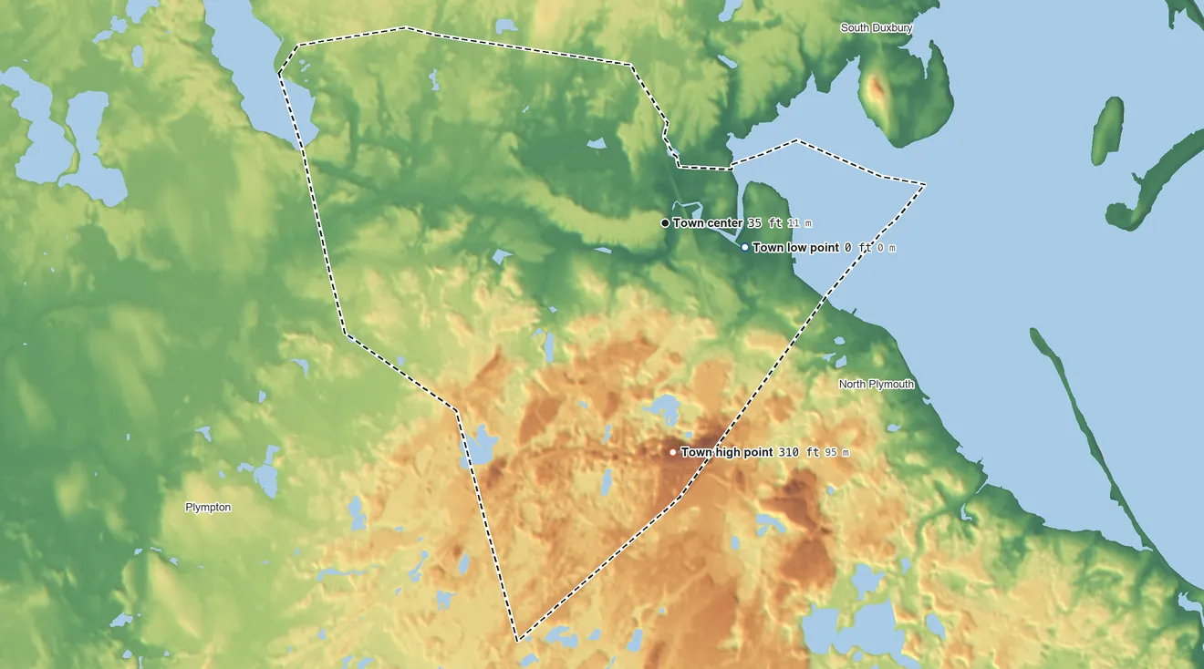 Topographic elevation map of Kingston, Massachusetts, shaded from sea level level on Kingston Bay to 310 ft on Monks Hill