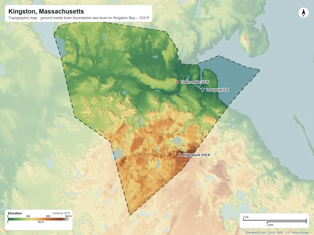 Topographic elevation map of Kingston, Massachusetts, shaded from sea level level on Kingston Bay to 310 ft on Monks Hill