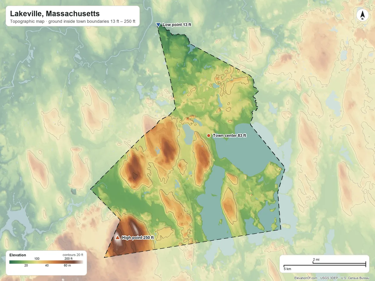 Topographic elevation map of Lakeville, Massachusetts, shaded from 13 ft on the northwest side to 250 ft on the southwest side