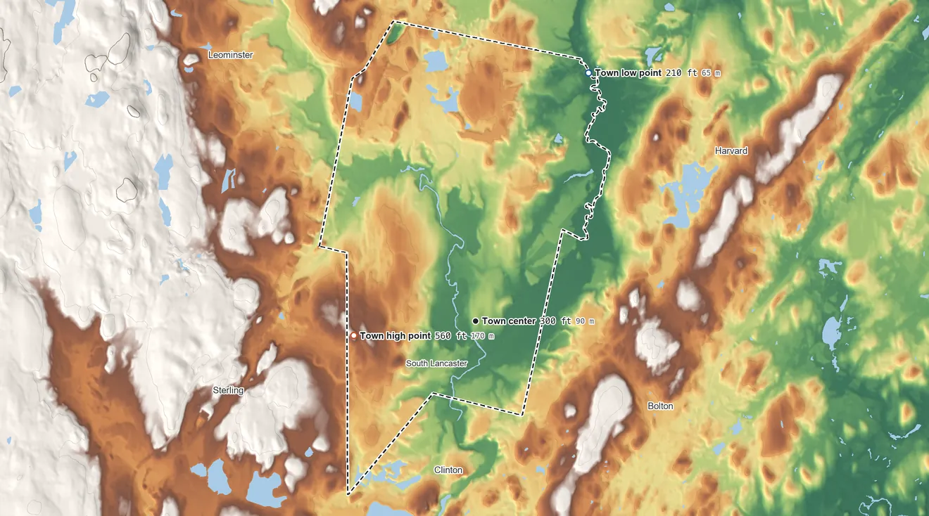 Topographic elevation map of Lancaster, Massachusetts, shaded from 210 ft on the northeast side to 560 ft on the west side
