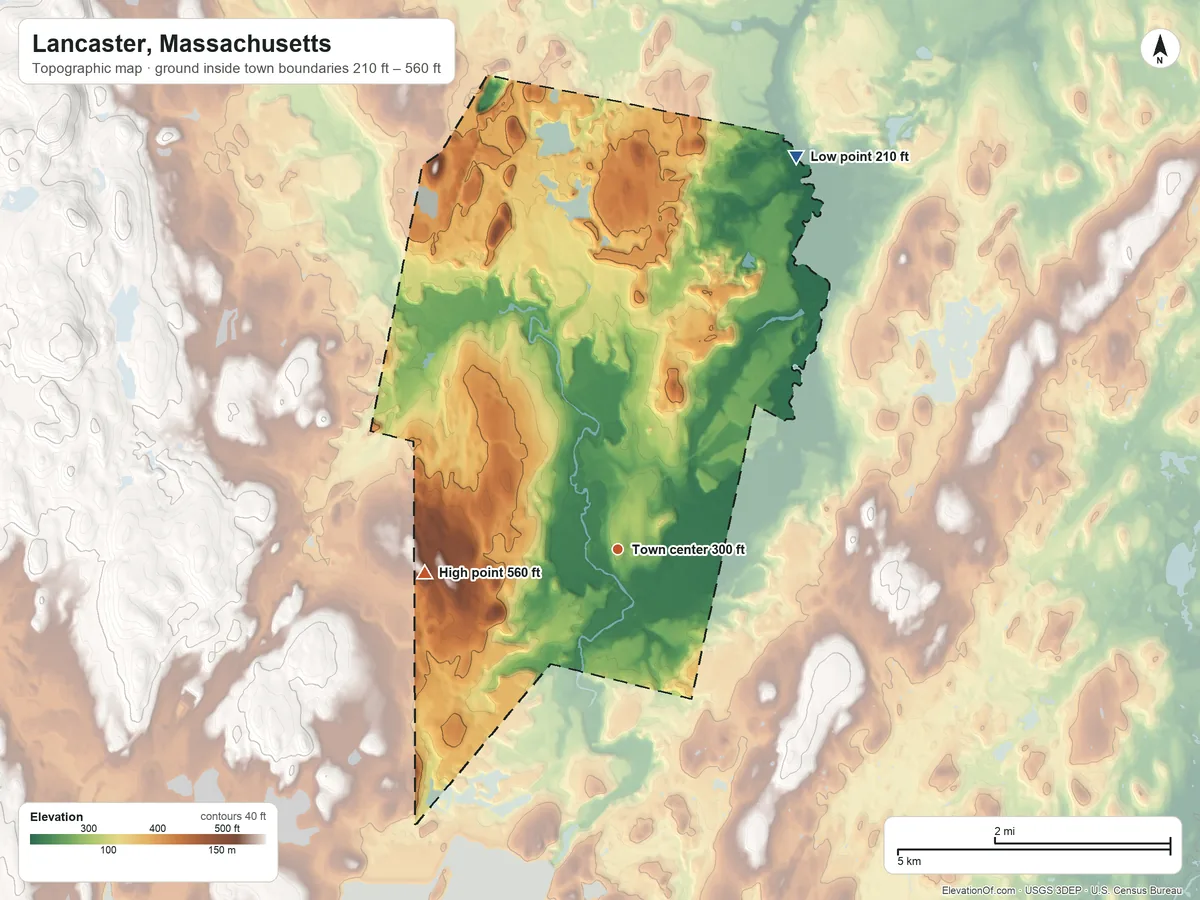 Topographic elevation map of Lancaster, Massachusetts, shaded from 210 ft on the northeast side to 560 ft on the west side