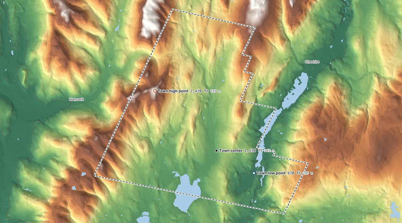 Topographic elevation map of Lanesborough, Massachusetts, shaded from 970 ft on the southeast side to 2,420 ft on Widow Whites Peak