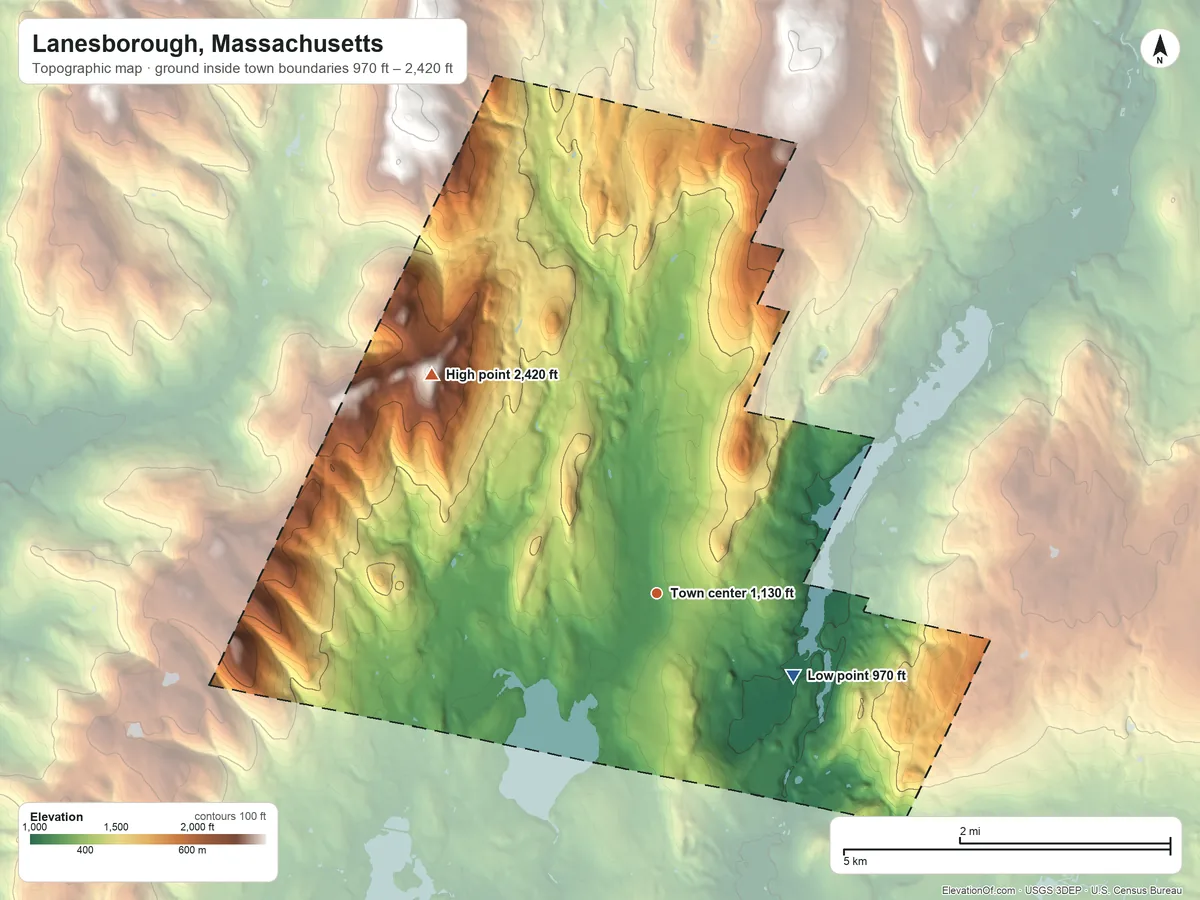 Topographic elevation map of Lanesborough, Massachusetts, shaded from 970 ft on the southeast side to 2,420 ft on Widow Whites Peak