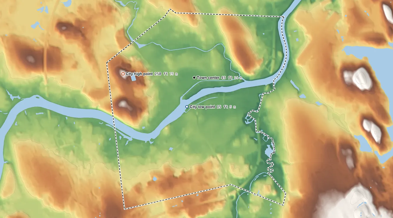 Topographic elevation map of Lawrence, Massachusetts, shaded from 15 ft on the south side to 250 ft on Tower Hill