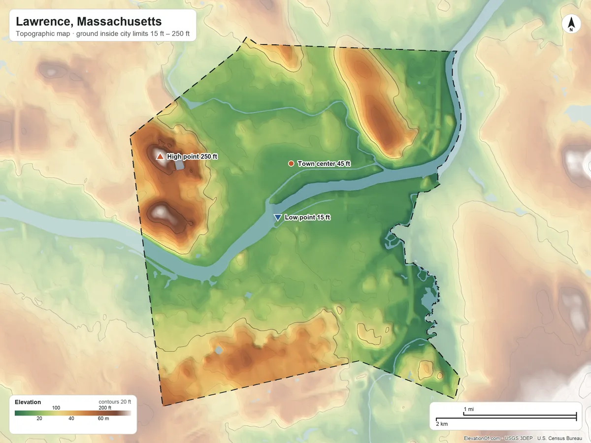 Topographic elevation map of Lawrence, Massachusetts, shaded from 15 ft on the south side to 250 ft on Tower Hill