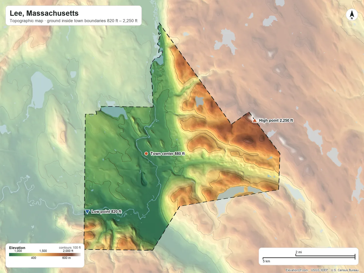 Topographic elevation map of Lee, Massachusetts, shaded from 820 ft on the southwest side to 2,250 ft on the east side