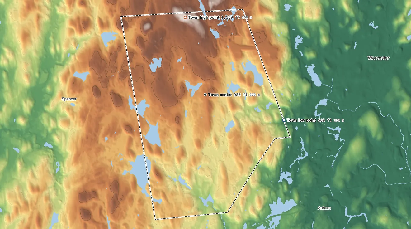 Topographic elevation map of Leicester, Massachusetts, shaded from 560 ft on the east side to 1,180 ft on Elliott Hill