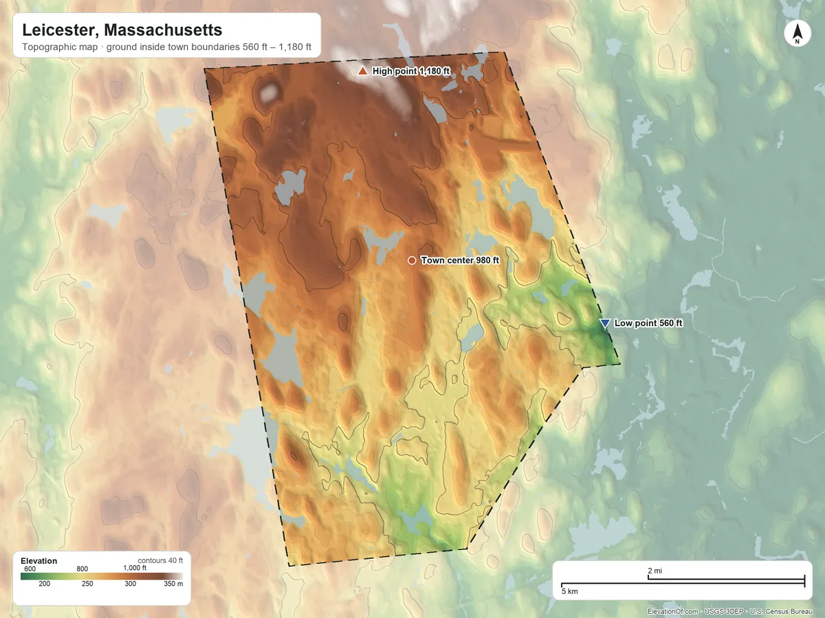 Topographic elevation map of Leicester, Massachusetts, shaded from 560 ft on the east side to 1,180 ft on Elliott Hill