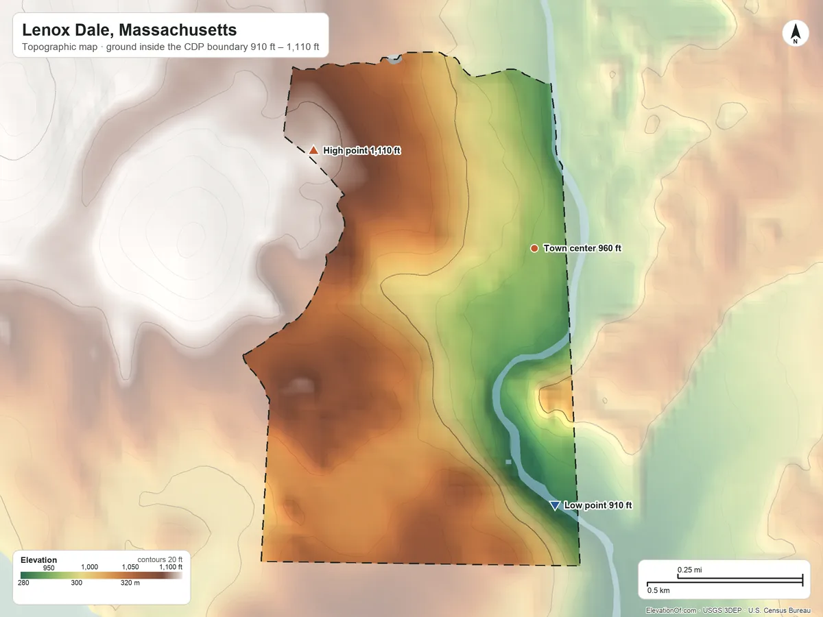Topographic elevation map of Lenox Dale, Massachusetts, shaded from 910 ft on the south side to 1,110 ft at the foot of the Berkshire Hills