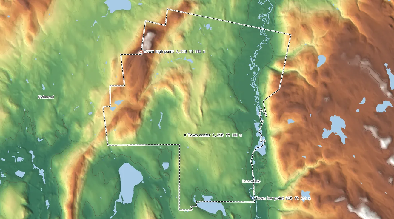 Topographic elevation map of Lenox, Massachusetts, shaded from 910 ft on the southeast side to 2,120 ft on Lenox Mountain
