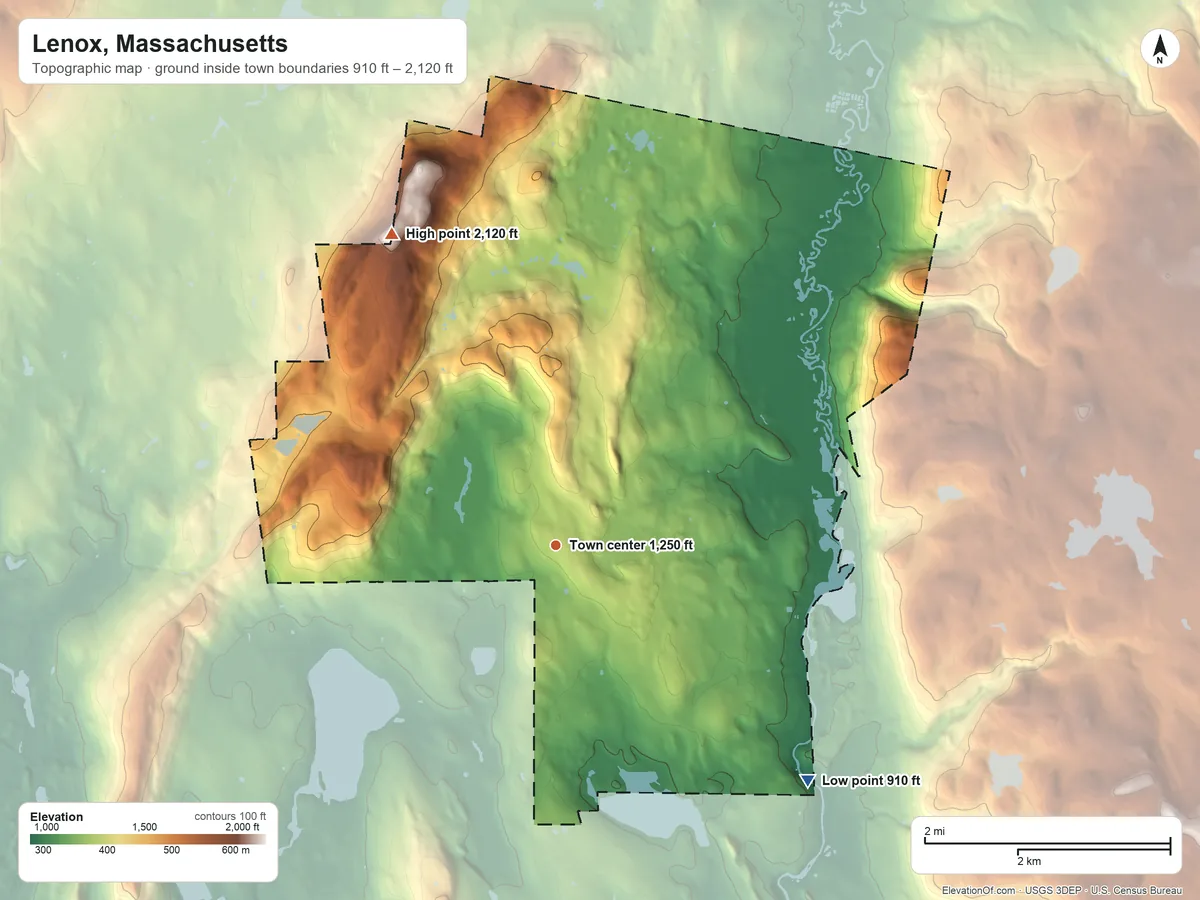 Topographic elevation map of Lenox, Massachusetts, shaded from 910 ft on the southeast side to 2,120 ft on Lenox Mountain