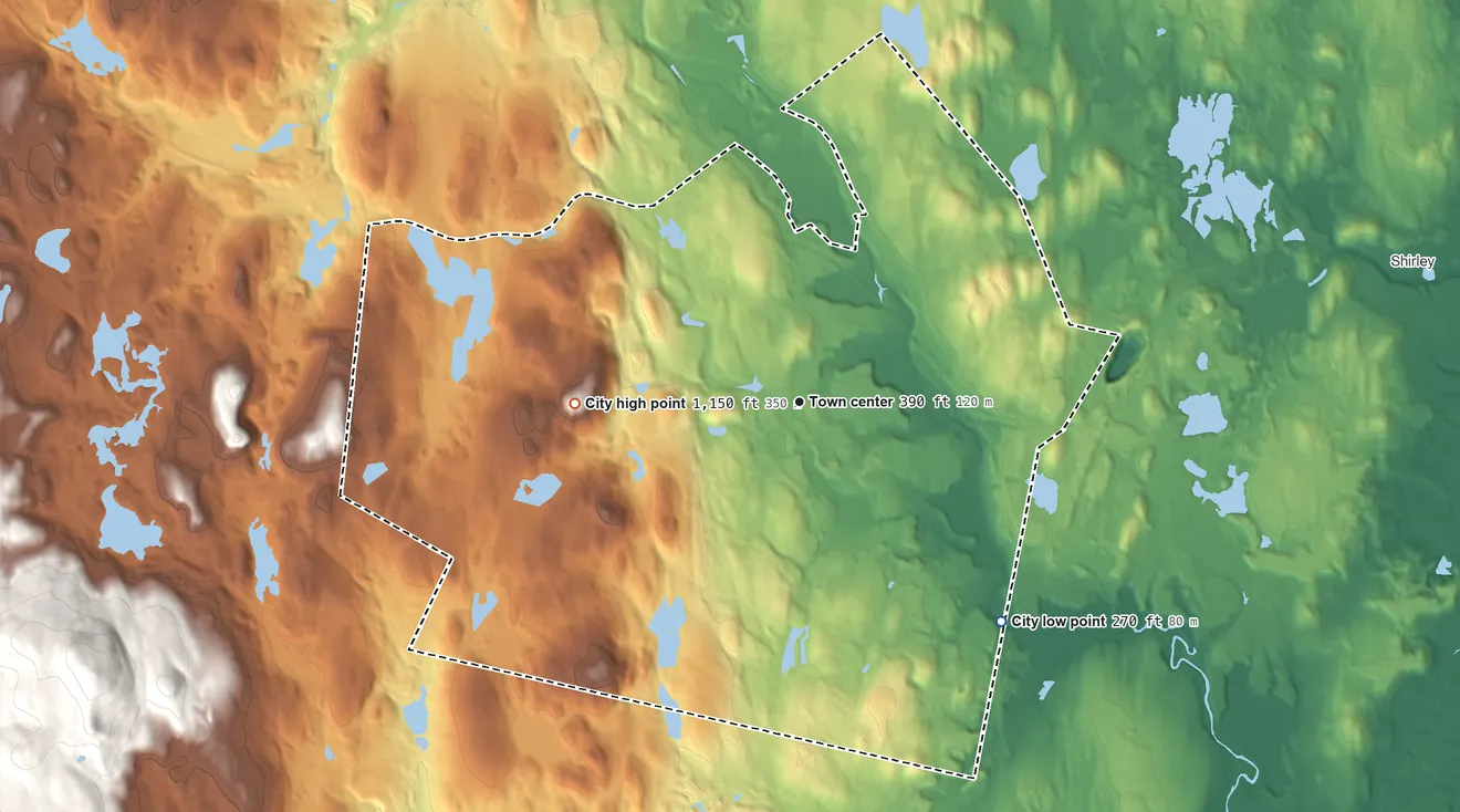 Topographic elevation map of Leominster, Massachusetts, shaded from 270 ft on the southeast side to 1,150 ft on South Monoosnoc Hill