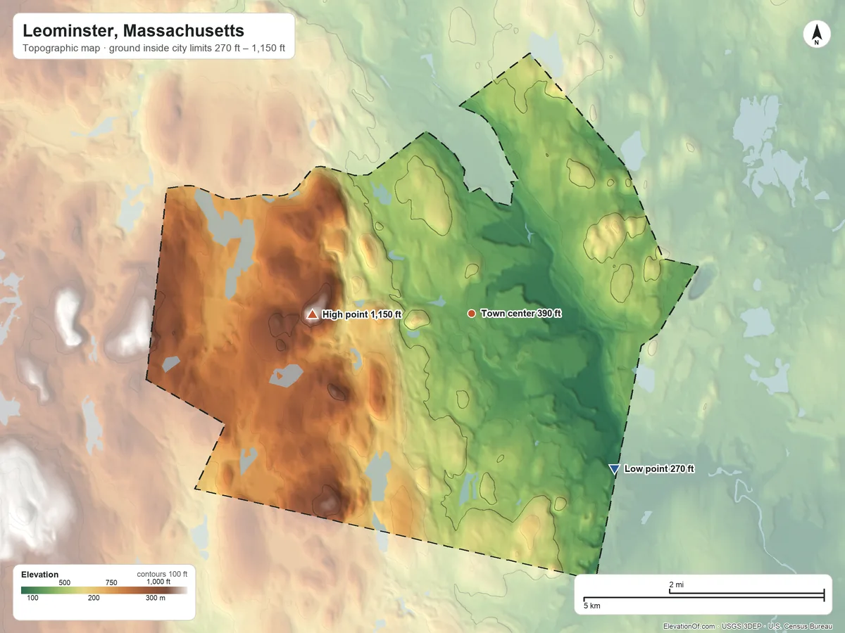 Topographic elevation map of Leominster, Massachusetts, shaded from 270 ft on the southeast side to 1,150 ft on South Monoosnoc Hill