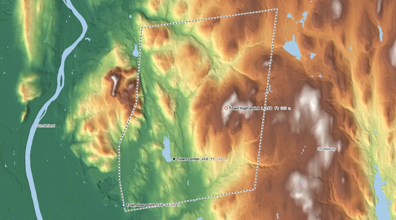 Topographic elevation map of Leverett, Massachusetts, shaded from 260 ft on the southwest side to 1,260 ft on Brushy Mountain