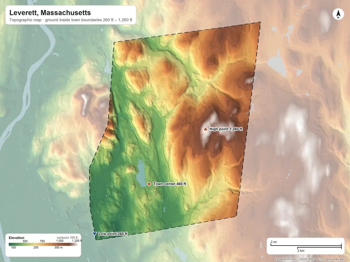 Topographic elevation map of Leverett, Massachusetts, shaded from 260 ft on the southwest side to 1,260 ft on Brushy Mountain