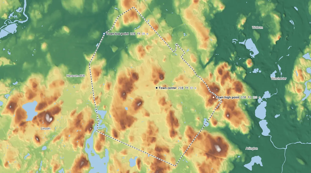 Topographic elevation map of Lexington, Massachusetts, shaded from 110 ft on the northwest side to 374 ft on Whipple Hill