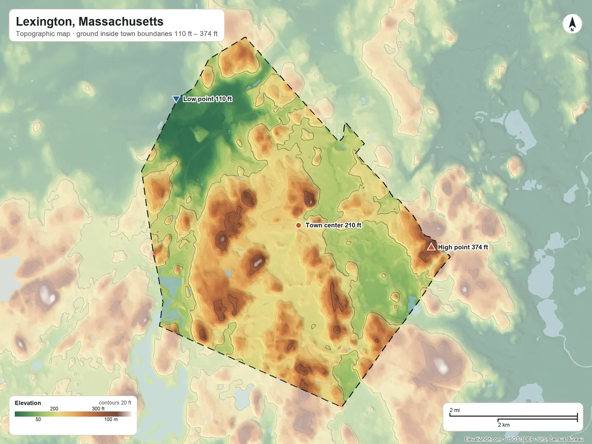 Topographic elevation map of Lexington, Massachusetts, shaded from 110 ft on the northwest side to 374 ft on Whipple Hill