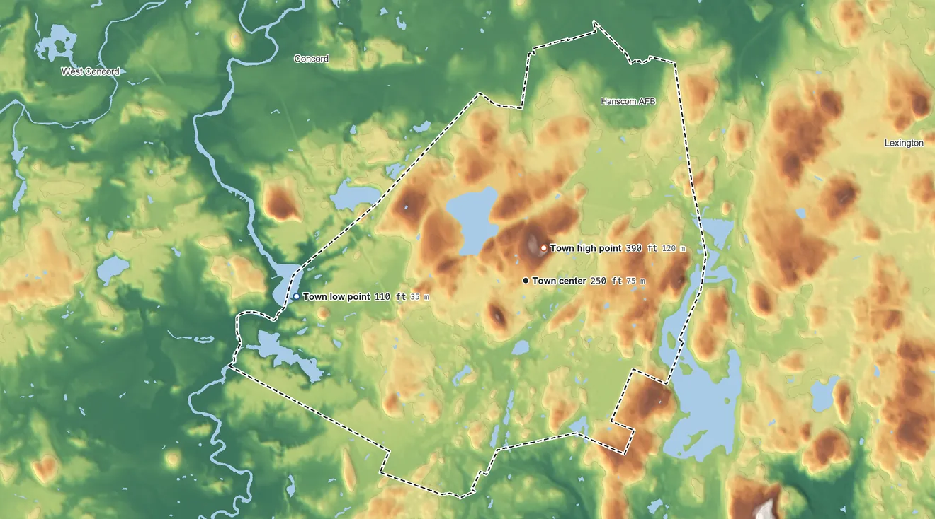 Topographic elevation map of Lincoln, Massachusetts, shaded from 110 ft on the west side to 390 ft near the middle