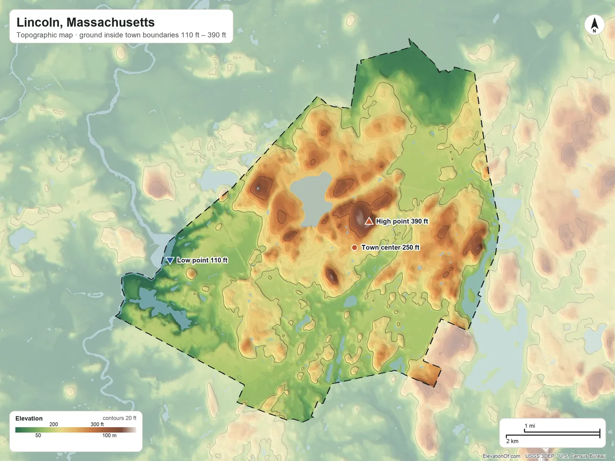 Topographic elevation map of Lincoln, Massachusetts, shaded from 110 ft on the west side to 390 ft near the middle