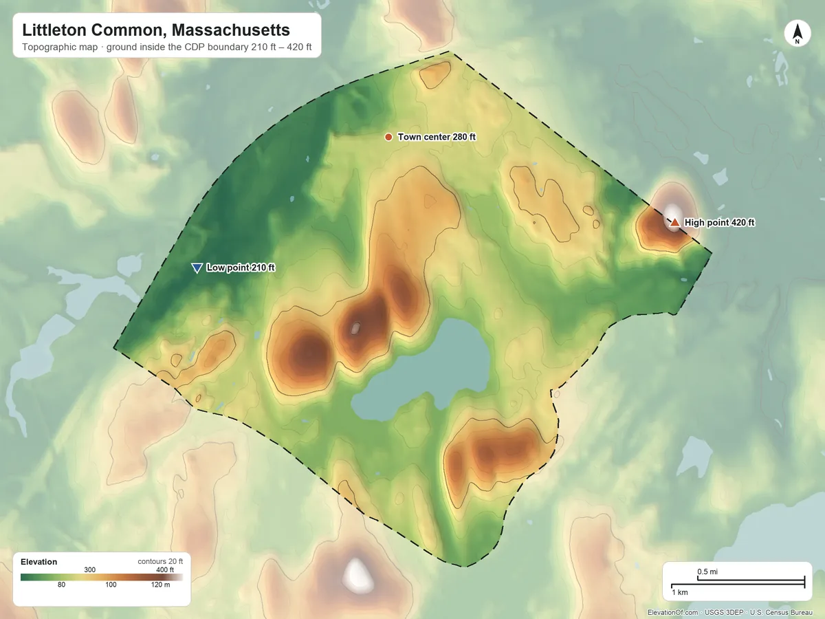 Topographic elevation map of Littleton Common, Massachusetts, shaded from 210 ft on the southwest side to 420 ft on Nashoba Hill
