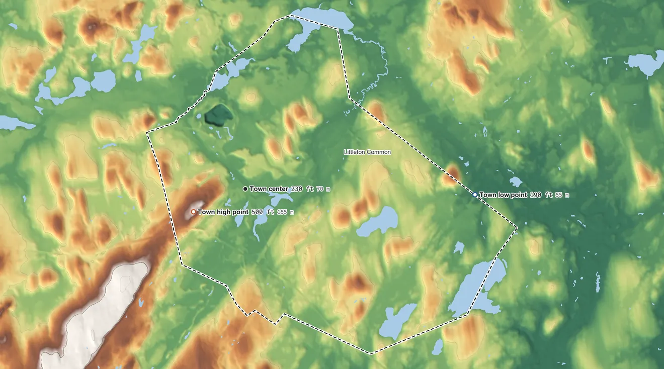 Topographic elevation map of Littleton, Massachusetts, shaded from 190 ft on the east side to 500 ft on the southwest side
