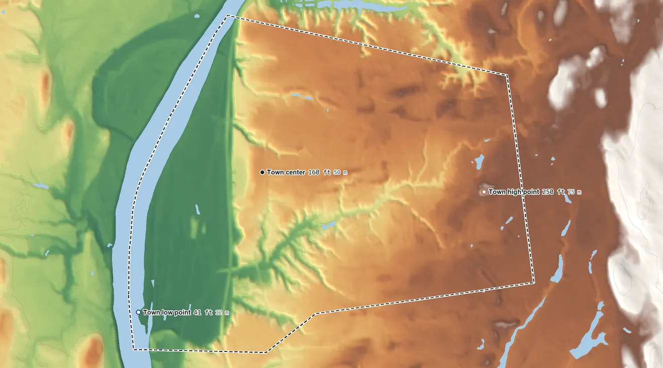 Topographic elevation map of Longmeadow, Massachusetts, shaded from 41 ft on the southwest side to 250 ft on the east side
