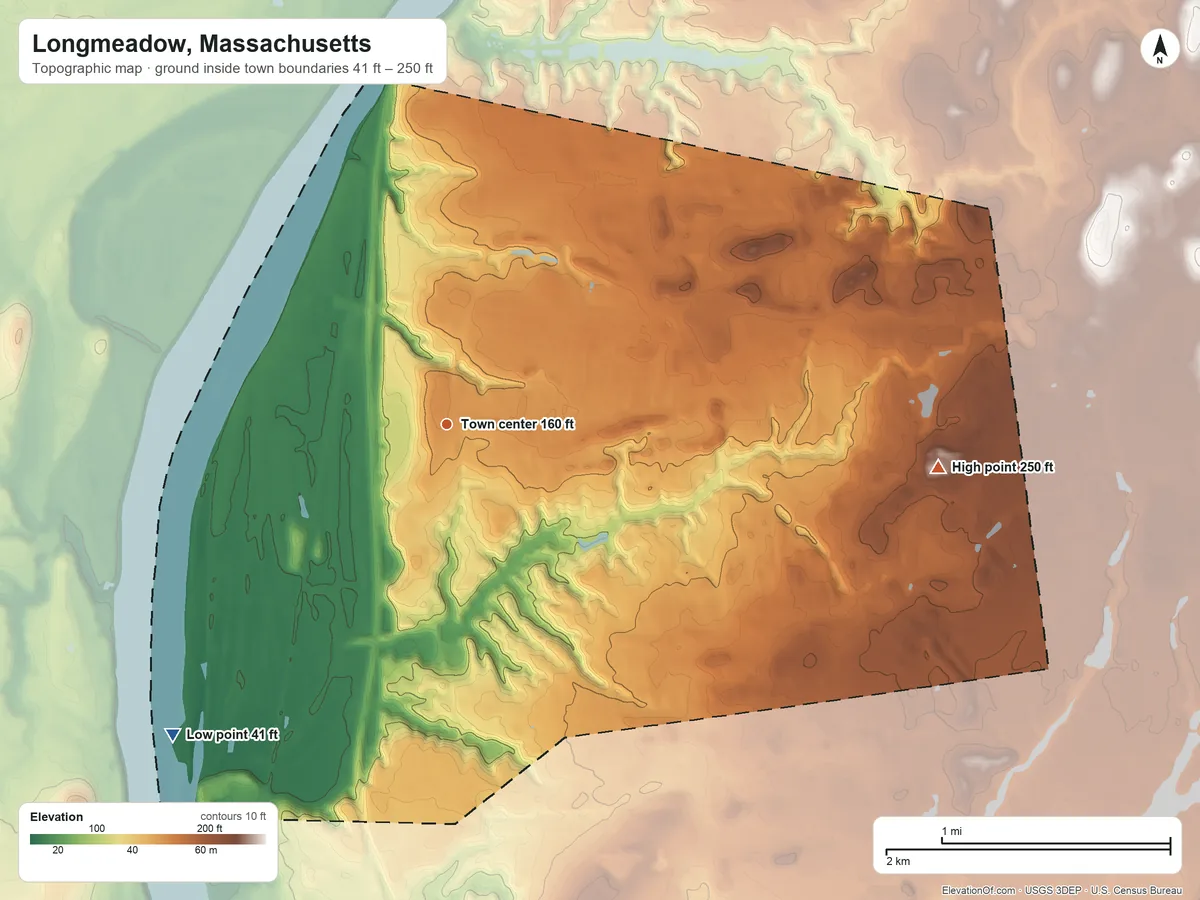 Topographic elevation map of Longmeadow, Massachusetts, shaded from 41 ft on the southwest side to 250 ft on the east side