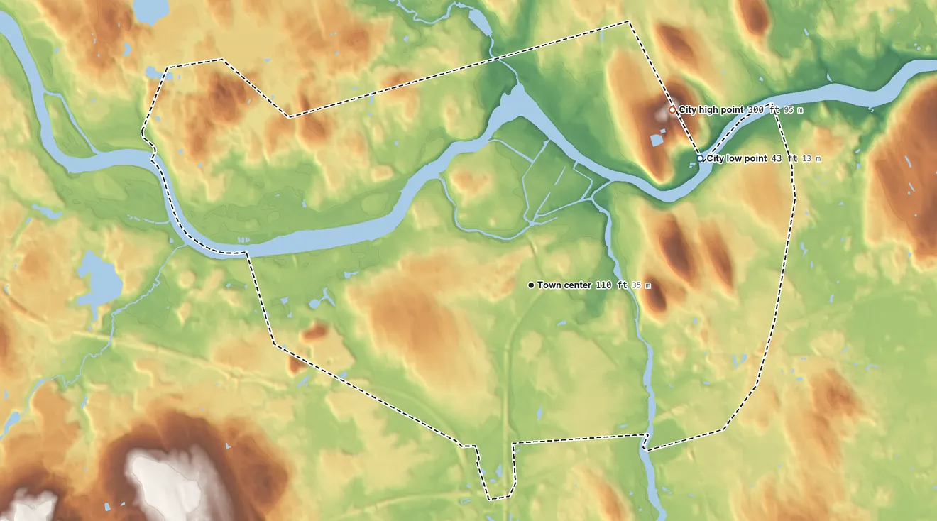 Topographic elevation map of Lowell, Massachusetts, shaded from 43 ft on the northeast side to 300 ft on the northeast edge, below higher ground just outside
